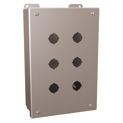 Hammond Manufacturing 1435MSSH 10x6x3" 304 Stainless Steel Push Button Electrical Enclosure with 6 Holes, 22.5 mm