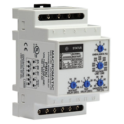 10A DPDT Three-Phase Monitor Relay, 190-500V AC, DIN Rail Mounting
