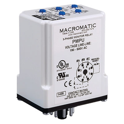 10A SPDT Three-Phase Monitor Relay, 190-500V AC, 8-Pin Socket Plug-In